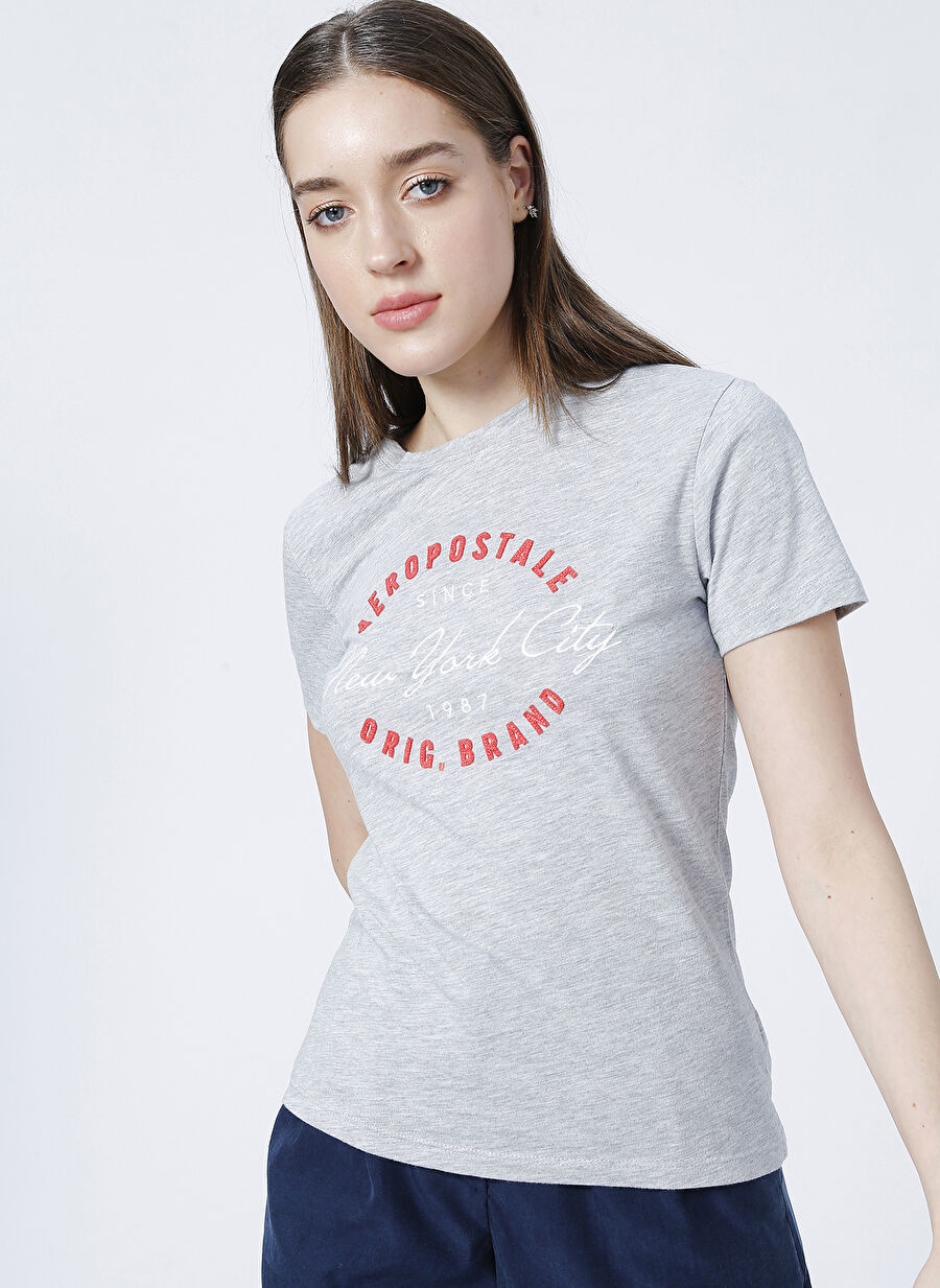 Aeropostale Bisiklet Yaka Standart Kalıp Gri Melanj Kadın T-Shirt - K-5737