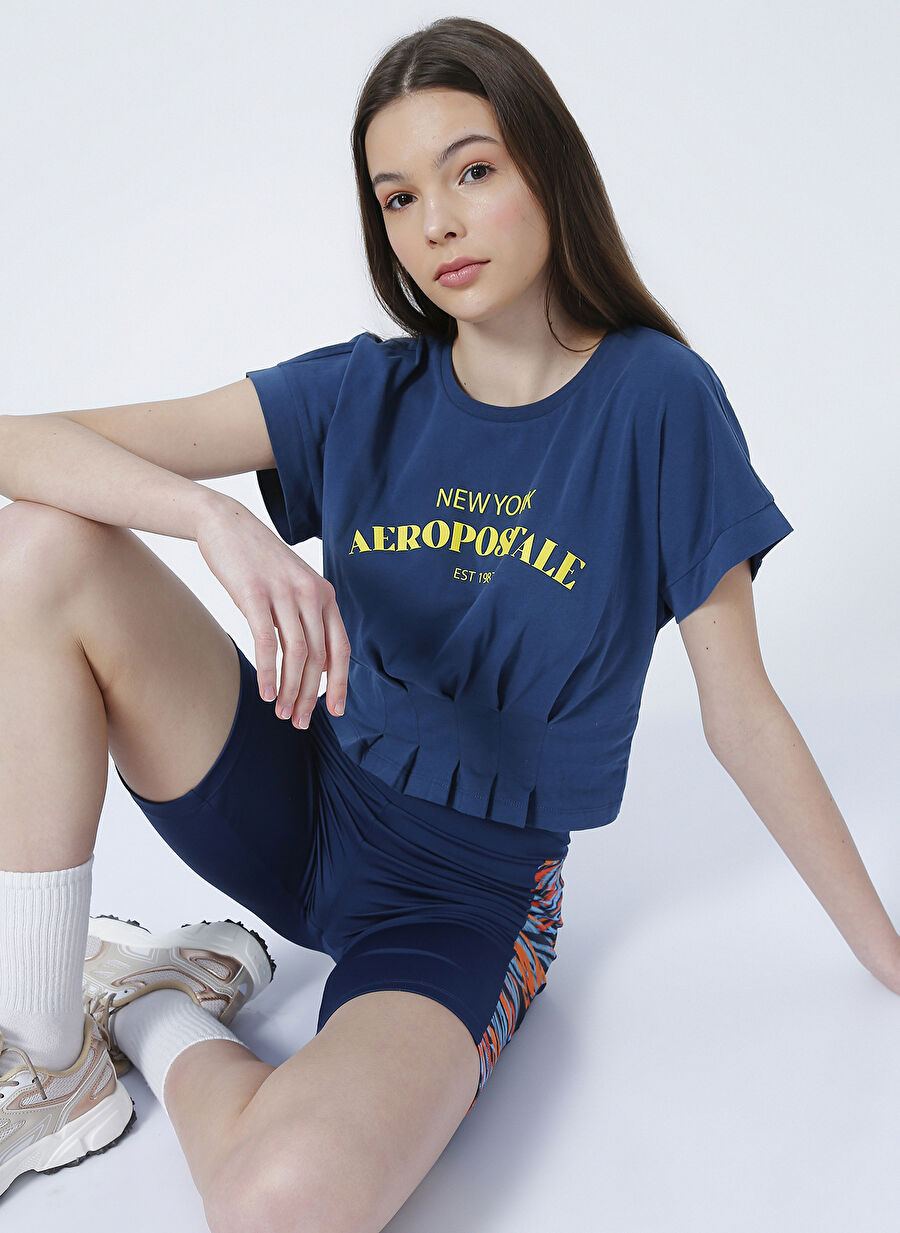 Aeropostale K-Alba Bisiklet Yaka  Crop Baskılı Lacivert Kadın T-Shirt