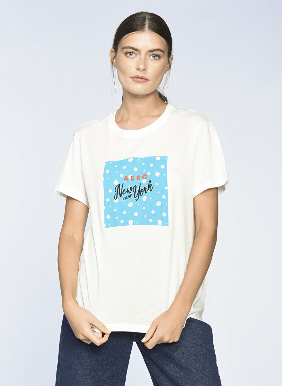 Aeropostale Bisiklet Yaka Baskılı Beyaz Kadın T-Shirt K-CALM