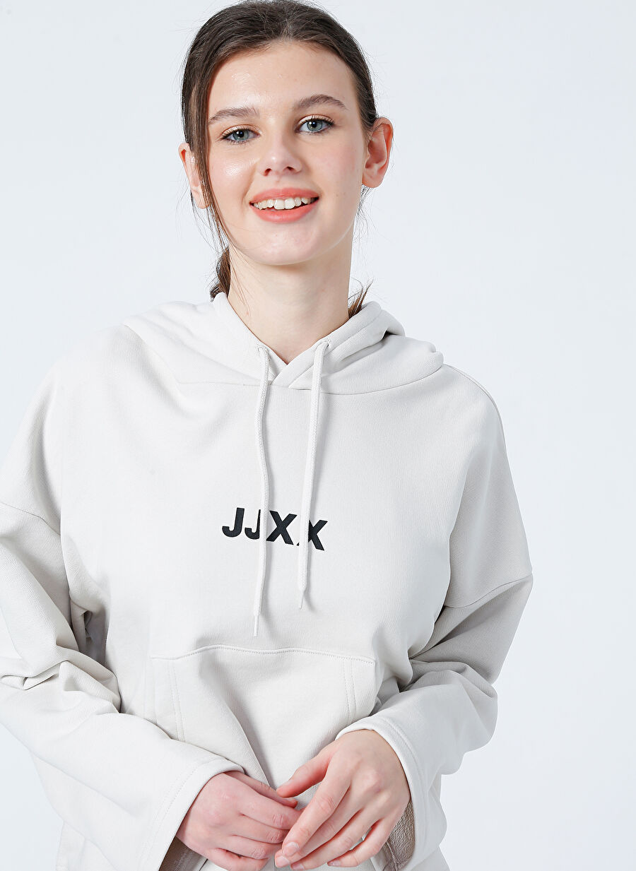 JJXX Kapüşonlu Oversize Düz Krem Kadın Sweatshirt - Jxcarla Ls Oversize Hoodie By