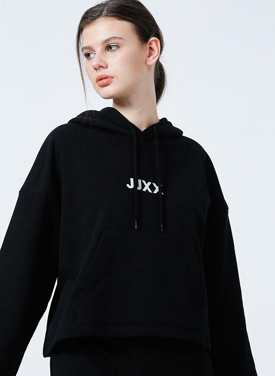 Jjxx Kapüşonlu Oversize Düz Siyah Kadın Sweatshirt - Jxcarla Ls