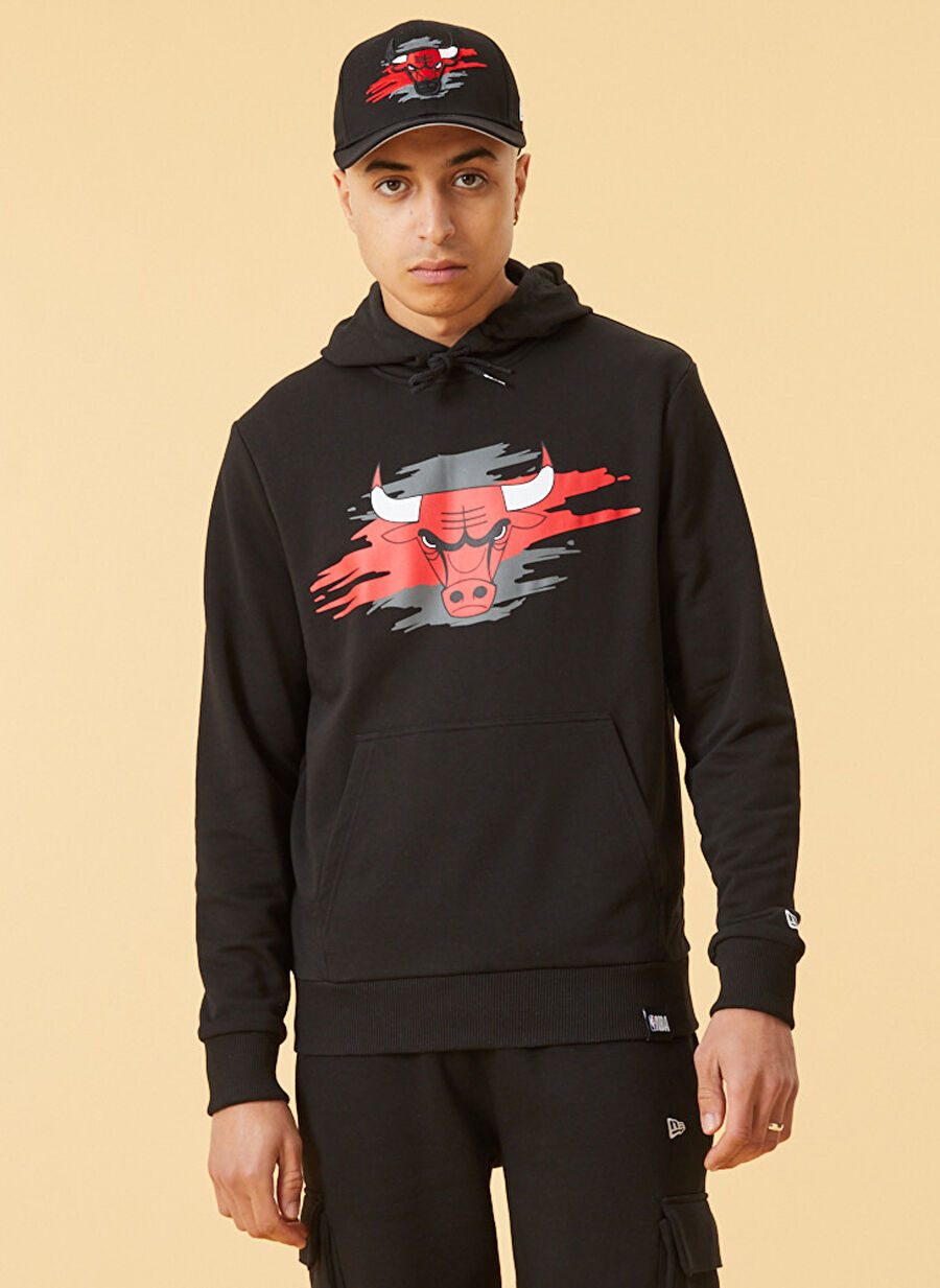 New Era Kapüşonlu  Normal Kalıp Düz Siyah Erkek Sweatshirt  -  Nba Tear Logo Hoody Chibul Blk