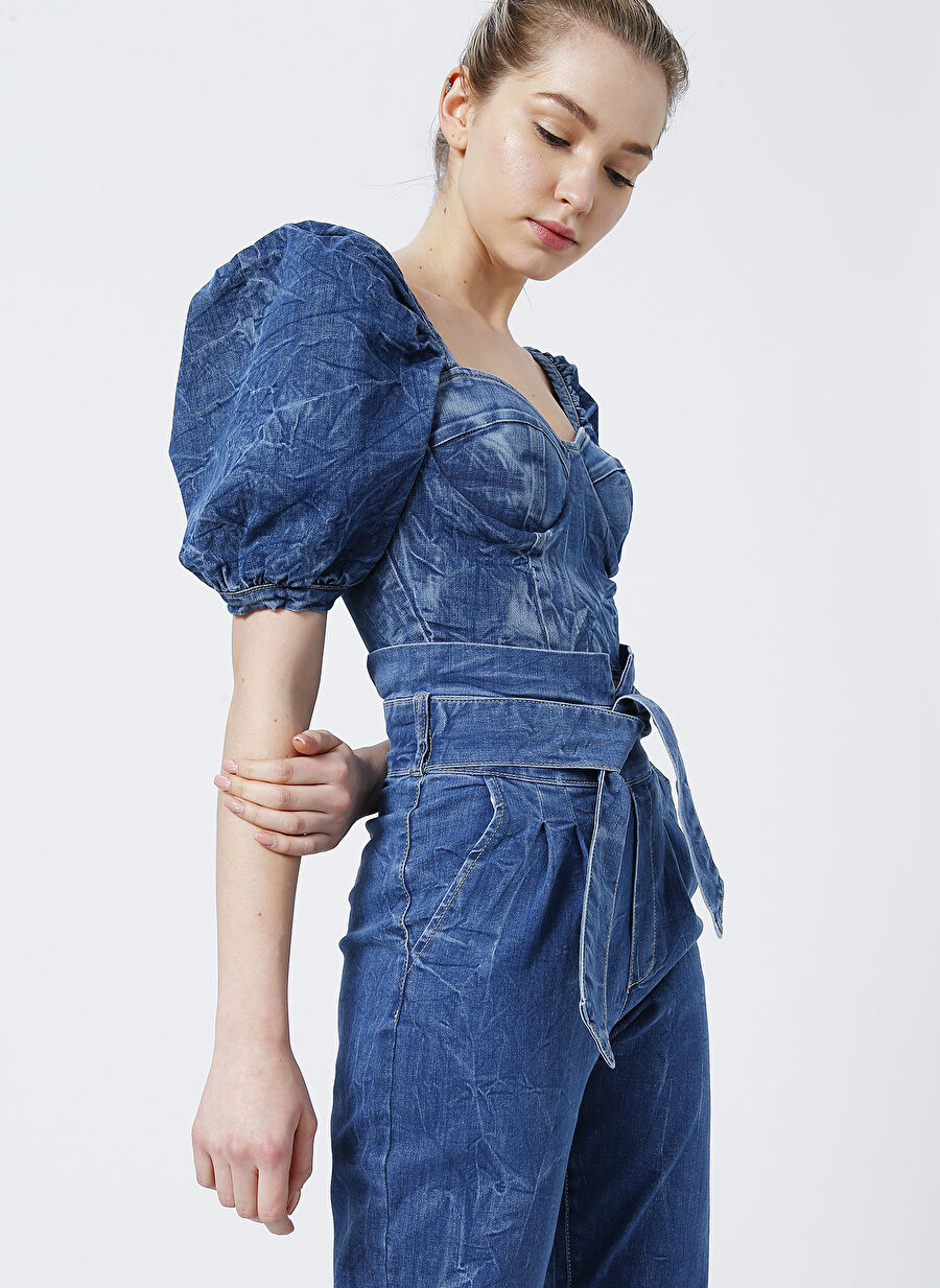 Rocky Girl RG-503 Straplez Dar KalıpMavi Kadın Denim Bluz