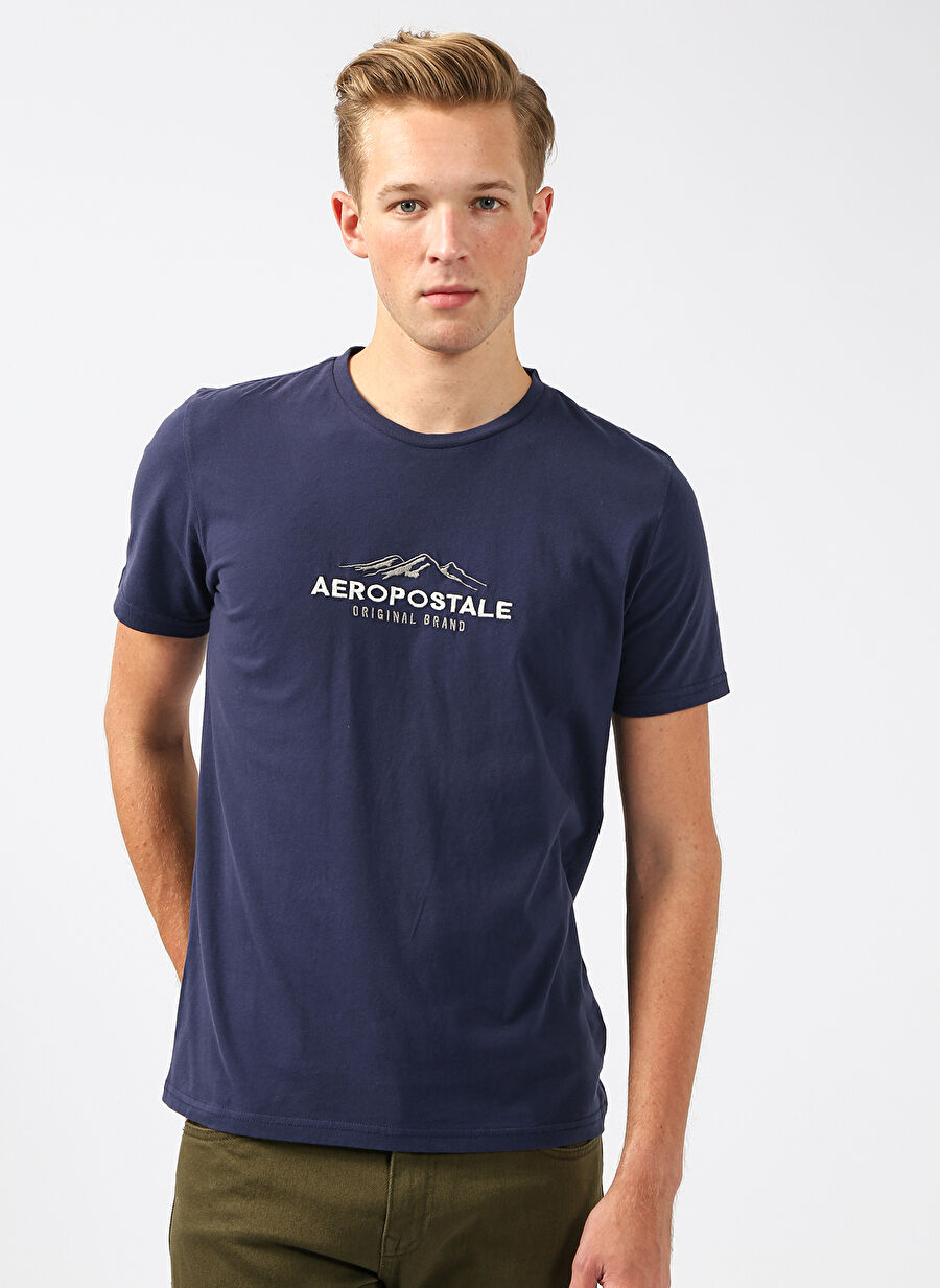 Aeropostale Bisiklet Yaka Baskılı Açık Lacivert Erkek T-Shirt E-1274