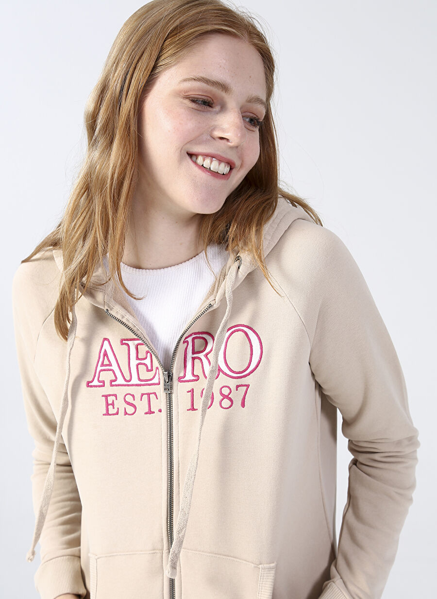 Aeropostale Kapüşon Yaka Baskılı Bej Kadın Sweatshırt K-3009