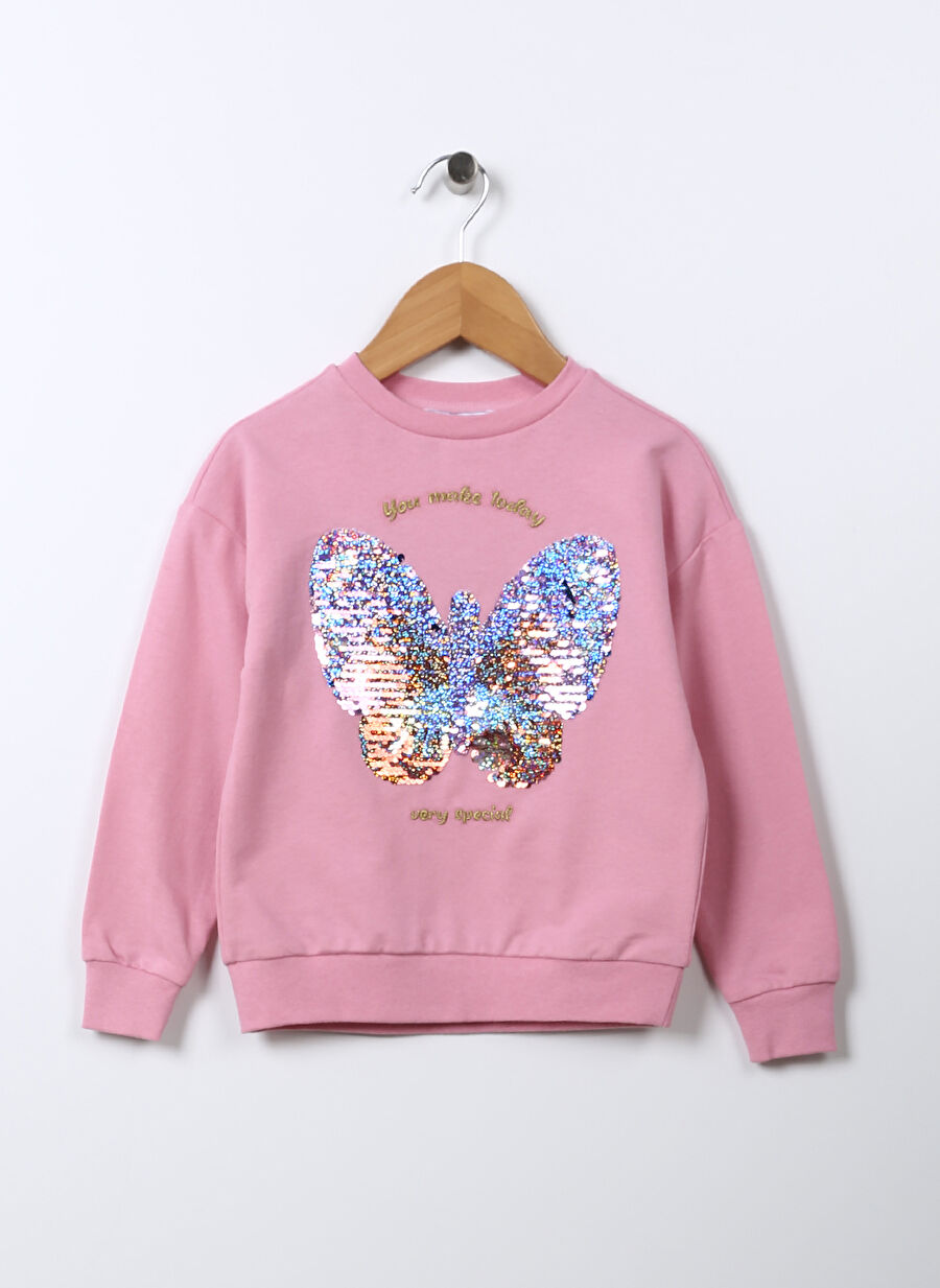 Limon Koyu Pembe Kız Çocuk Bisiklet Yaka Uzun Kollu Payetli Sweatshirt CENTRAL GIRL