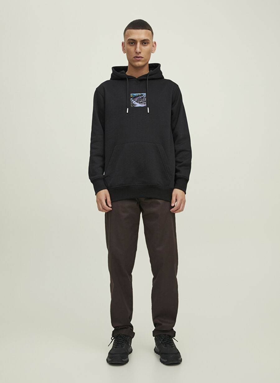 Jack & Jones Siyah Erkek Kapüşon Regular Fit Baskılı Sweatshirt 12216305_JCOHIKING SWEAT HOOD