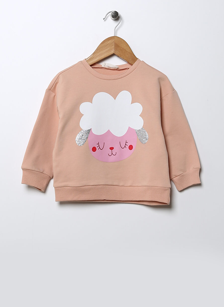 Mammaramma Pembe Kız Bebek Bisiklet Yaka Düşük Omuz Oversize Baskılı Sweatshirt 22FWG-75