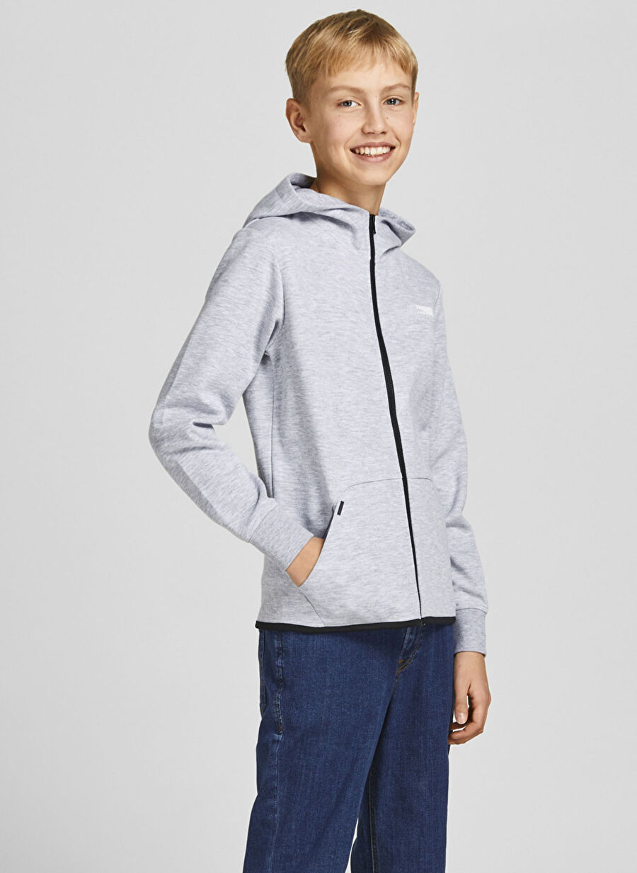 Jack & Jones Açık Gri Erkek Çocuk Kapüşonlu Uzun Kollu Baskılı Sweatshirt JCOAIR SWEAT ZIP HOOD NOOS JNR