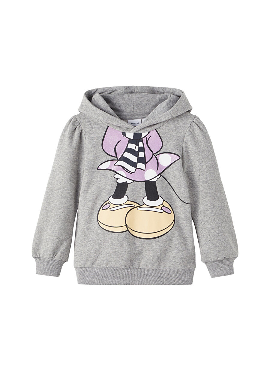 Name İt Gri Melanj Kız Bebek Kapüşonlu Uzun Kollu Baskılı Sweatshirt NMFABSI MINNIE SWEAT W HOOD BRU WDI