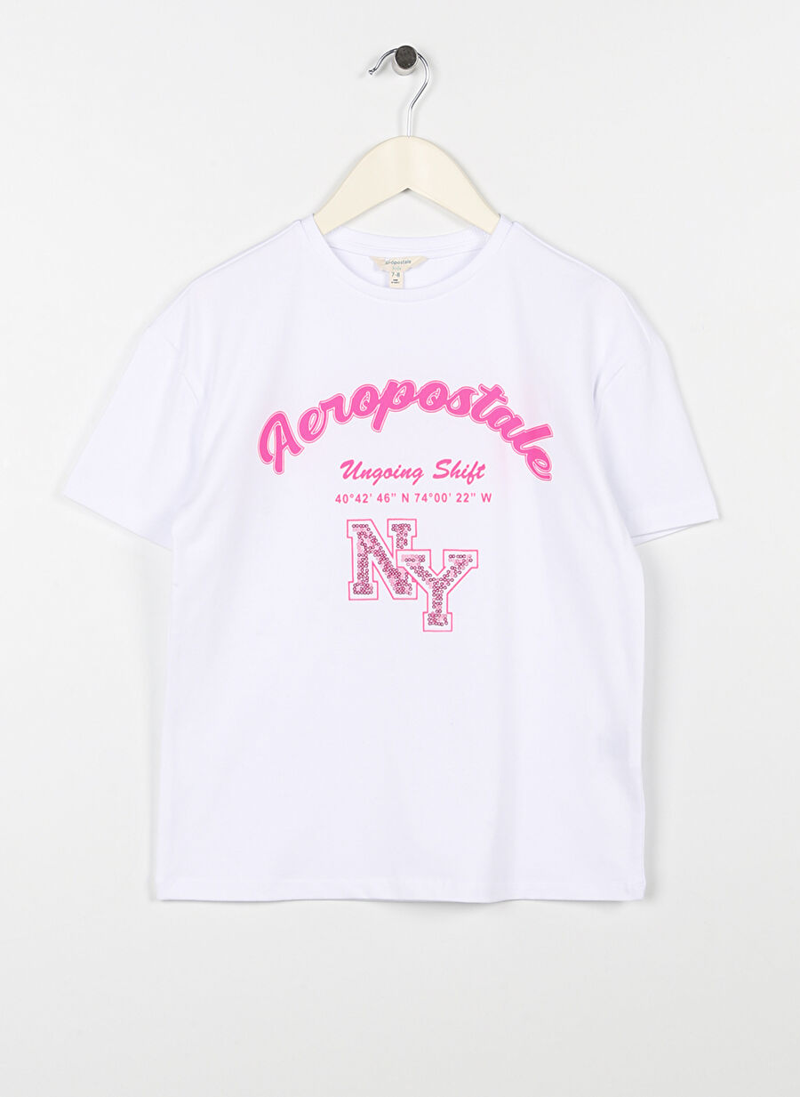 Aeropostale Ekru Kız Çocuk Bisiklet Yaka Düşük Omuz Oversize Baskılı T-Shirt 23SAG-06