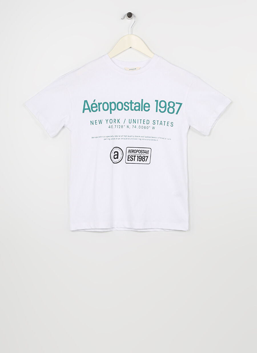 Aeropostale Ekru Erkek Çocuk Bisiklet Yaka Oversize Baskılı T-Shirt 23SAB-01