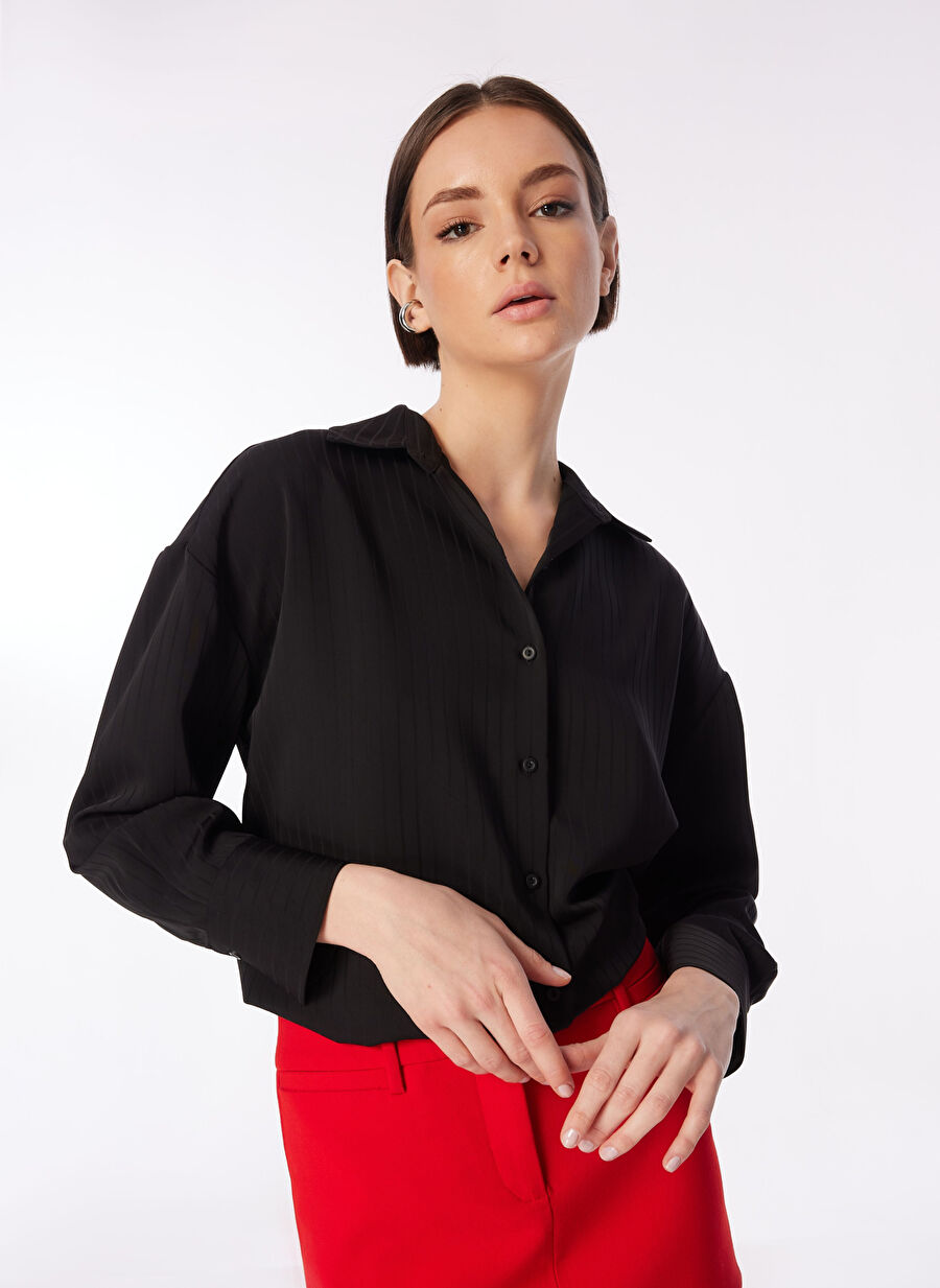 Didem Soydan X Fabrika Oversize Gömlek Yaka Çizgili Siyah Kadın Gömlek