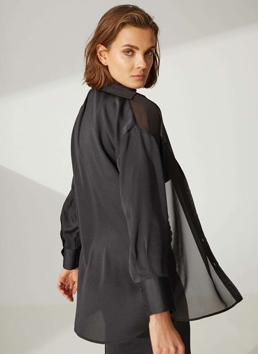 Didem Soydan X Fabrika Oversize Gömlek Yaka Düz Siyah Kadın Gömlek