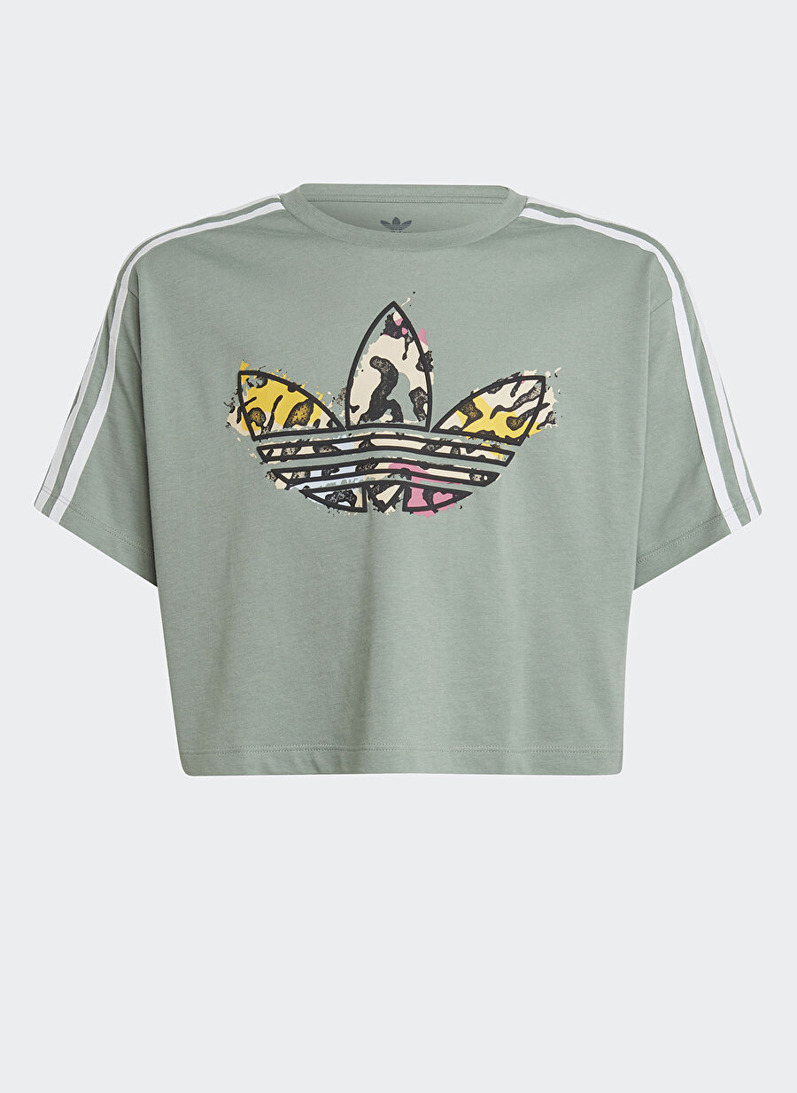 adidas Desenli Gri - Yeşil Kız Çocuk T-Shirt IB8582 CROP TEE