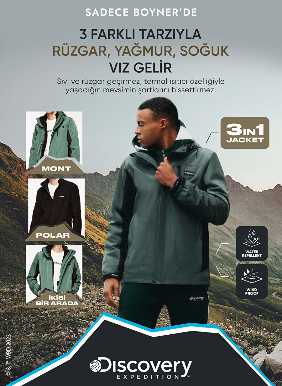 Discovery Expedition Yeşil - Siyah Erkek Kapüşon Yaka Standart Fit Blok Desenli Mont D3WM-MNT15