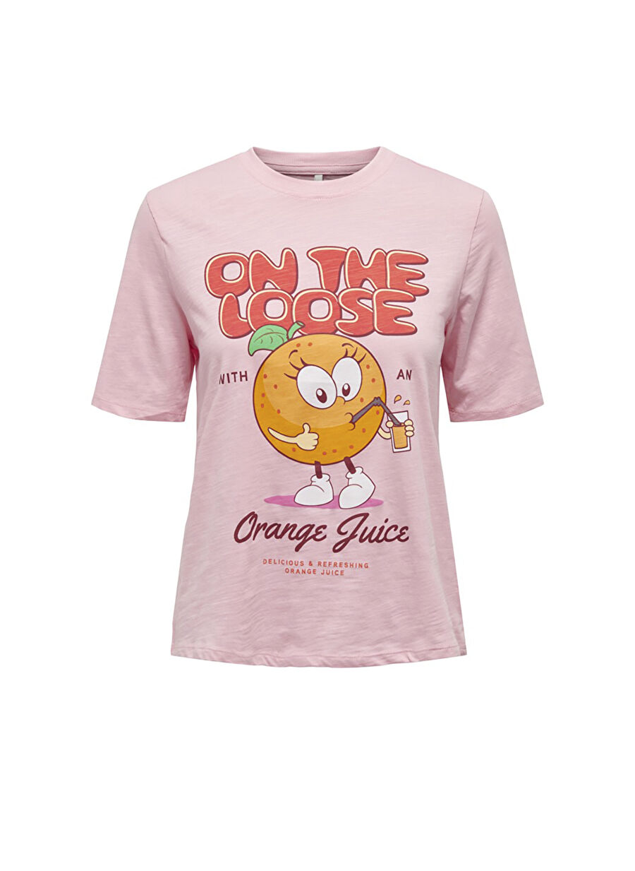 Only O Yaka Baskılı Açık Pembe Kadın T-Shirt ONLFAMMY S/S REFRESHING TOP BOX JRS