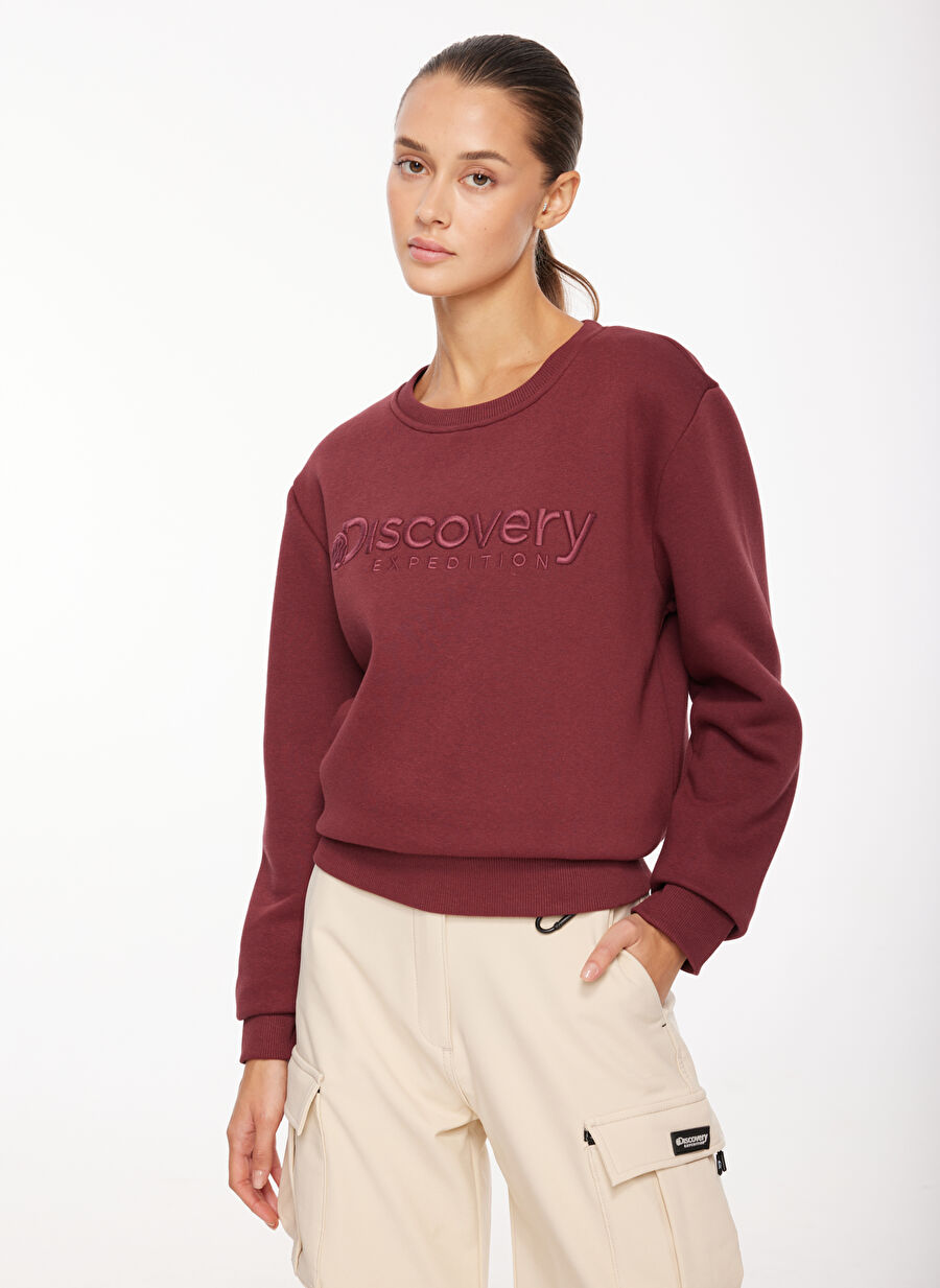 Discovery Expedition Mürdüm Kadın Bisiklet Yaka Relaxed Fit Nakışlı Sweatshirt D3WL-SWT15