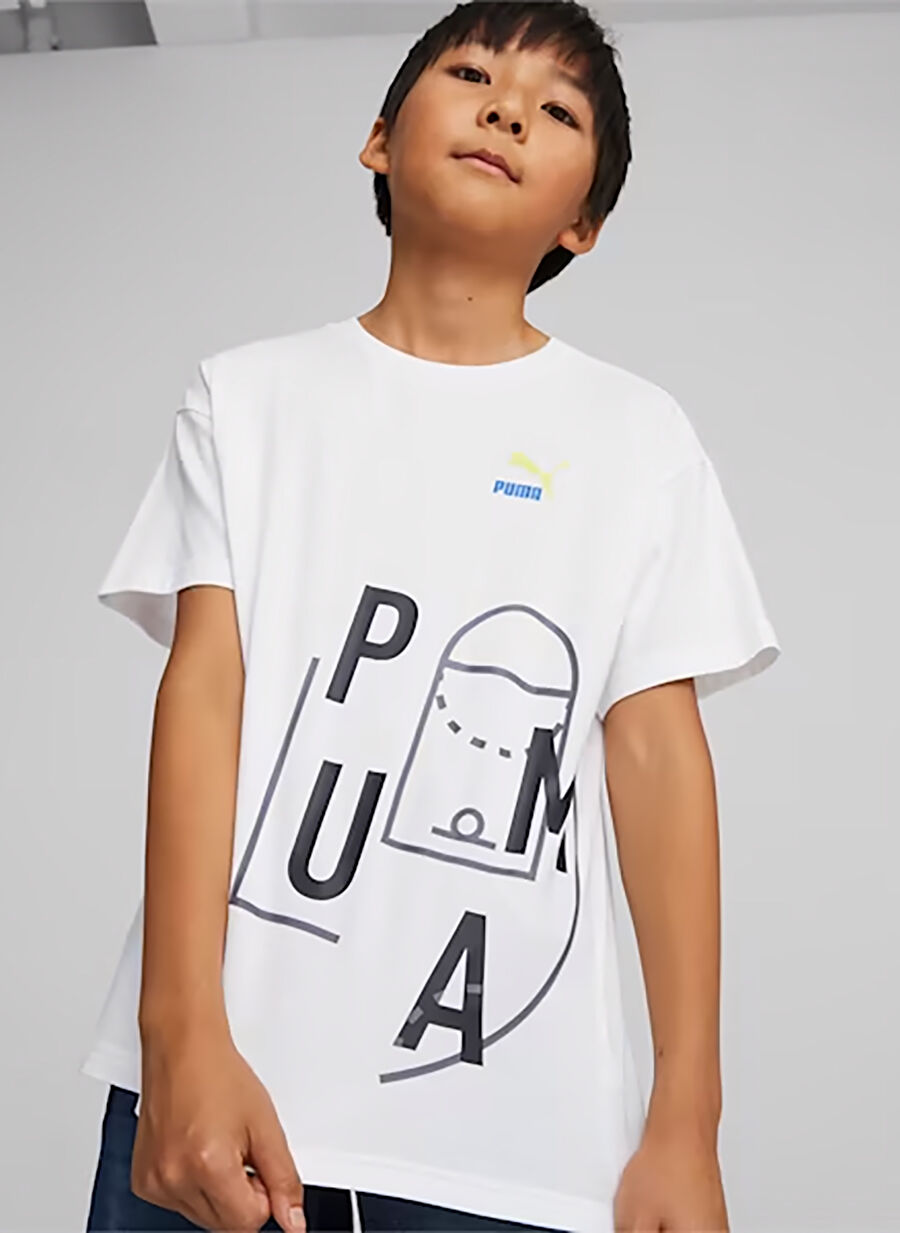 Puma Beyaz Erkek Çocuk Bisiklet Yaka Kısa Kollu Düz T-Shirt 62160202 CLASSICS FTR BALLER Logo T