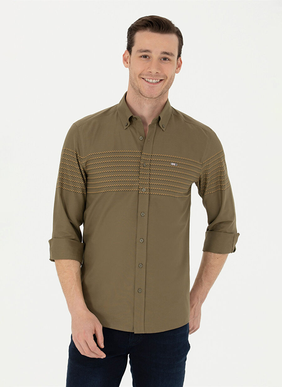 U.S. Polo Assn. Slim Fit Düğmeli Yaka Haki Erkek Gömlek YELO Boyner