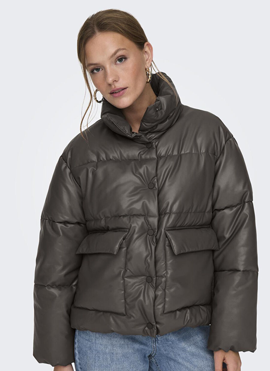 Only Gümüş Kadın Dik Yaka Mont 15307039 ONLANJA FAUX LEATHER OVERSIZE PUFFE