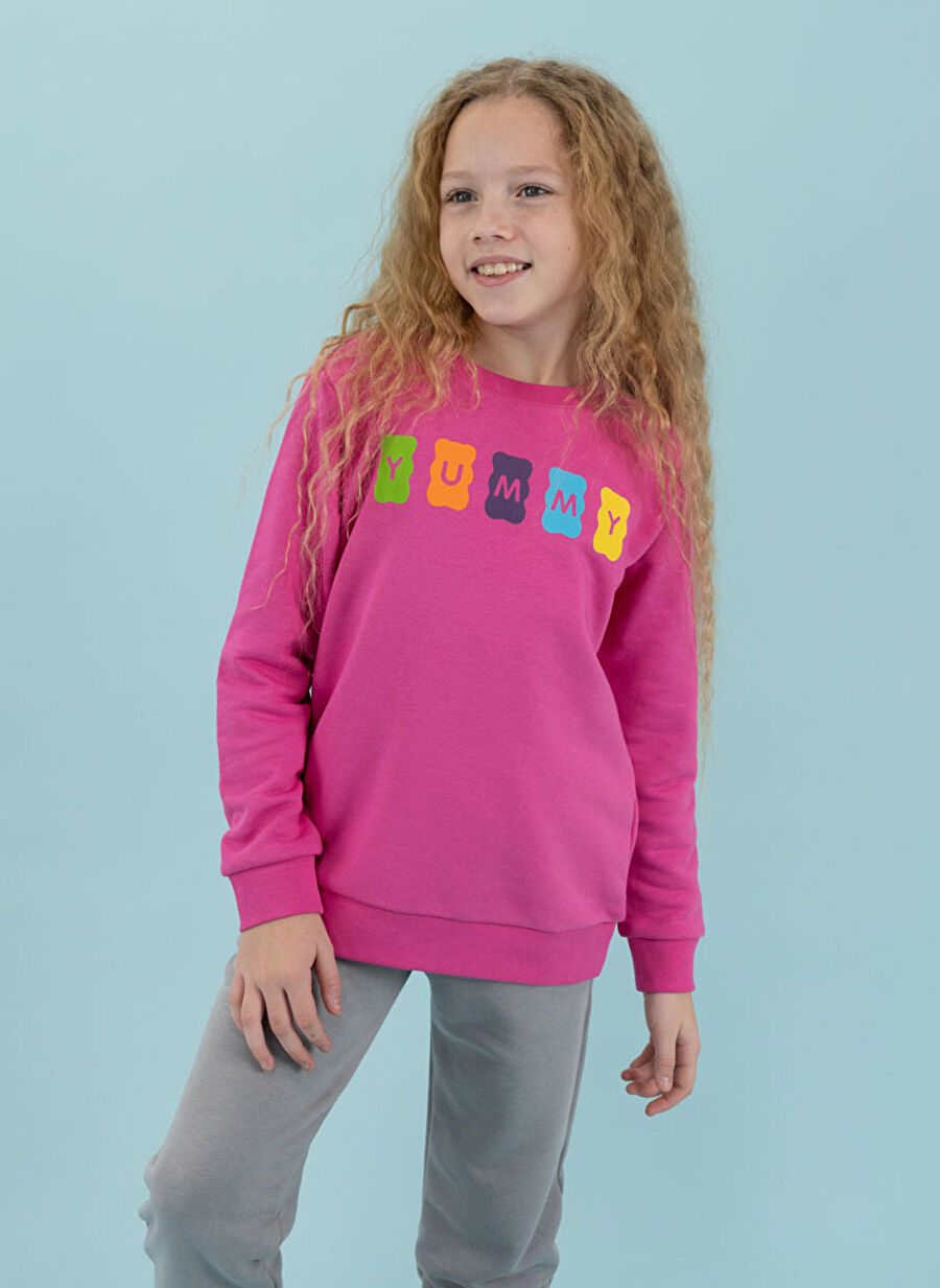 Haribo Pembe Kız Çocuk Bisiklet Yaka Sweatshirt HRBTXT309