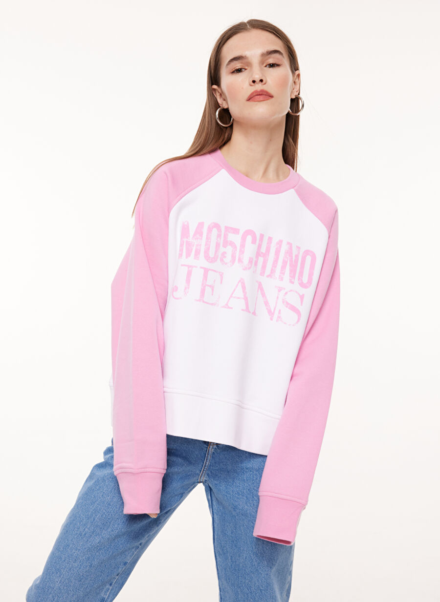 Moschino Jeans Bisiklet Yaka Baskılı Pembe Kadın Sweatshırt J1702