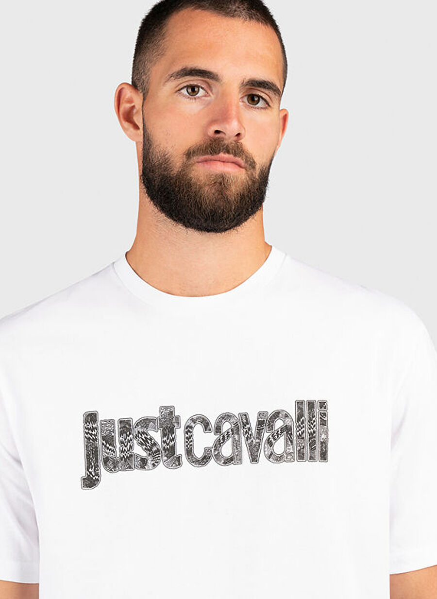 ◯ JUST CAVALLI ブラウンシャツ 38サイズ Just Cavalli Bisiklet Yaka Beyaz Erkek T-Shirt 75Oahg05 - 1758303