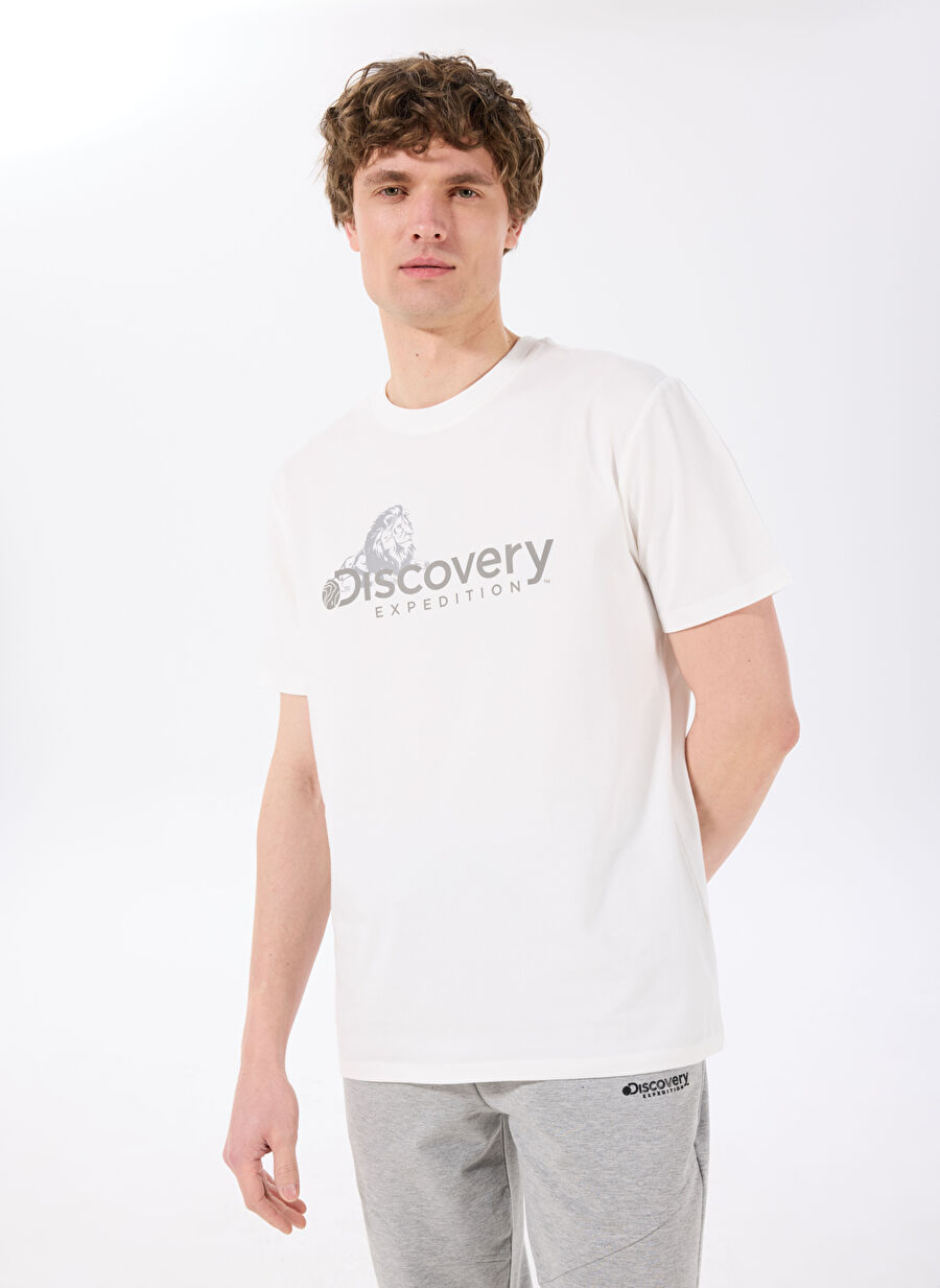 Discovery Expedition D4SM-TST3311 Beyaz Bisiklet Yaka Basic Baskılı Erkek T-Shirt