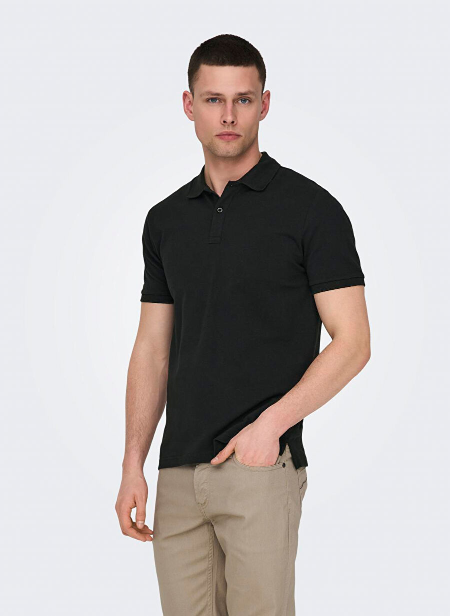 Only & Sons Siyah Erkek Dar Düz Polo T-Shirt ONSTRAY SLIM SS POLO