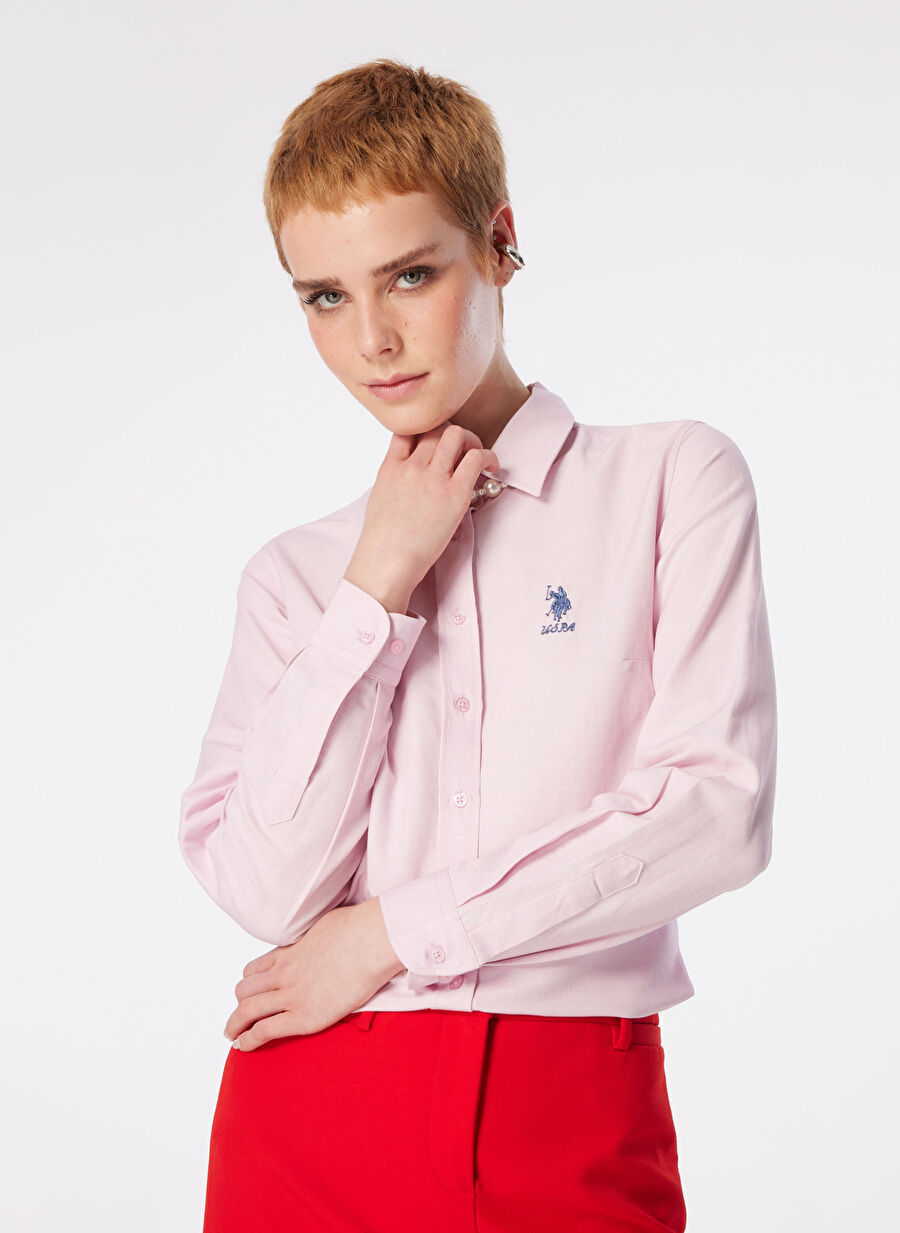 U.S. Polo Assn. Slim Fit Gömlek Yaka Açık Pembe Kadın Gömlek WOX024Y