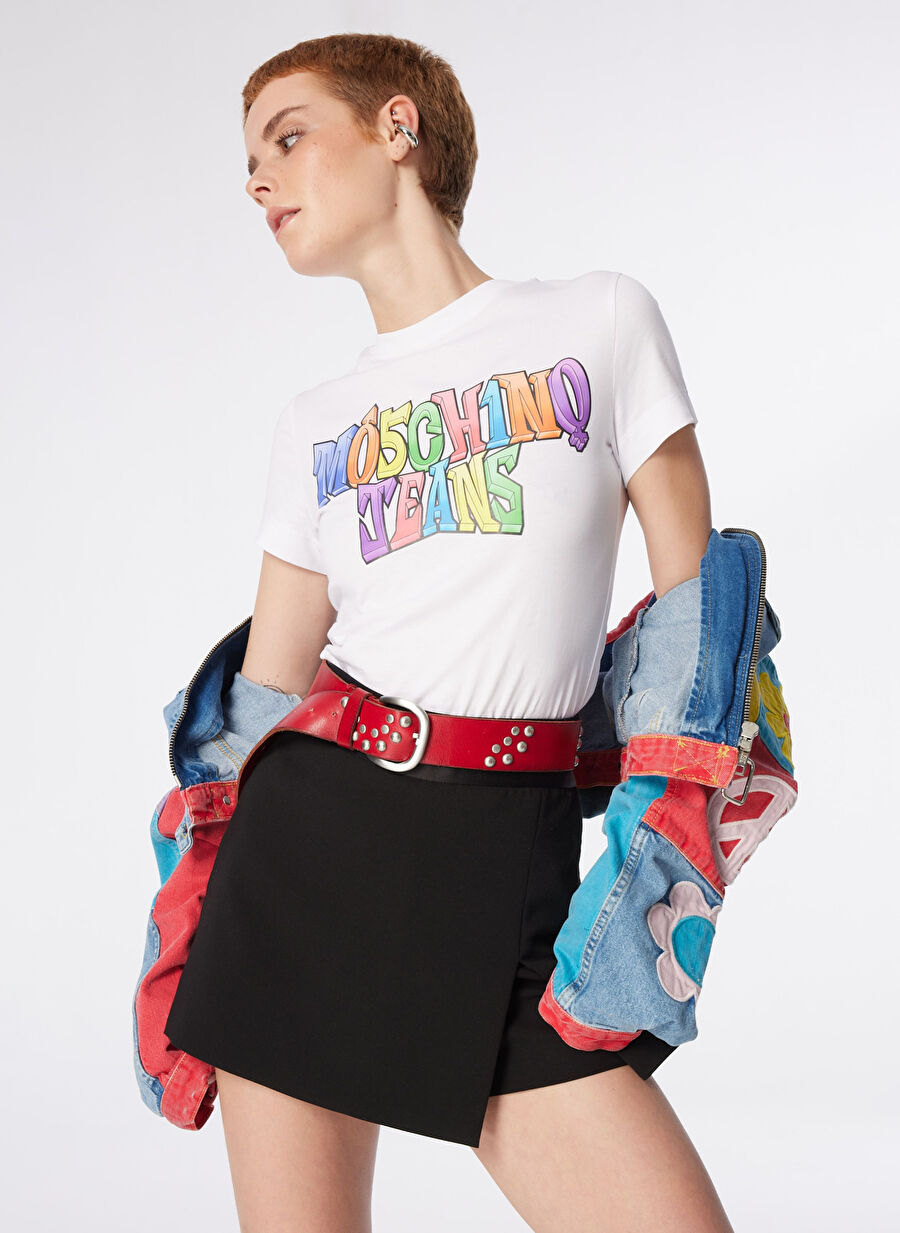 Moschino Jeans Yuvarlak Yaka Baskılı Beyaz Kadın T-Shirt 241K1A0708