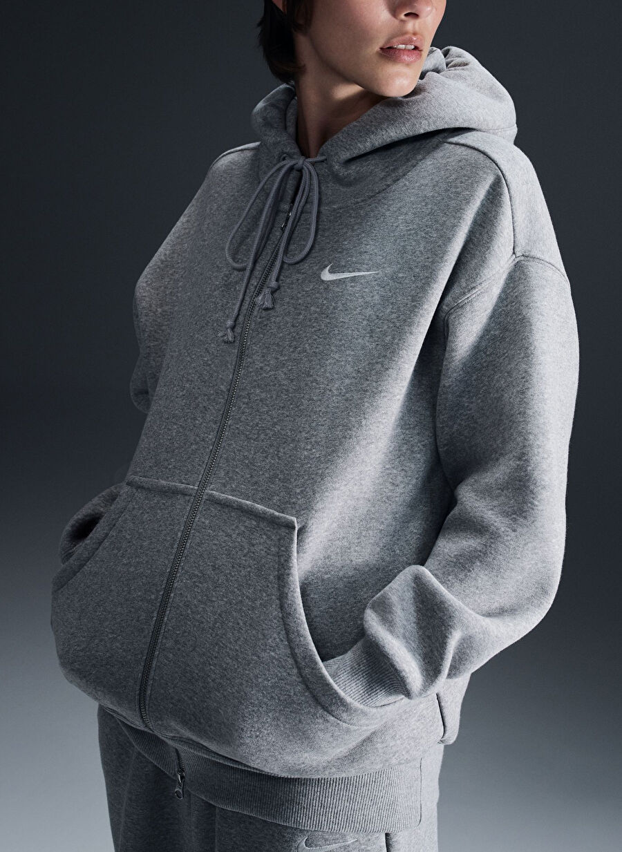 Nike Gri Kadın Fermuarlı Oversize Düz Zip Ceket Dq5758-063 W Nsw