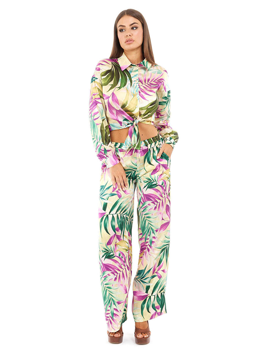 Guess Çok Renkli Kadın Regular Fit Gömlek NEW LS BOWED JUN SHI - RECY POLY BR - 1