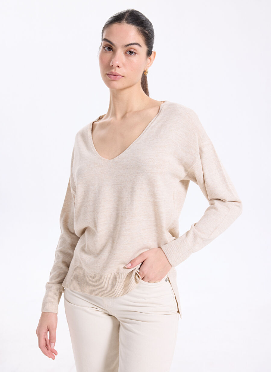People By Fabrika Bej Kadın V Loose Fit Kazak PBF5WL-KZK9519