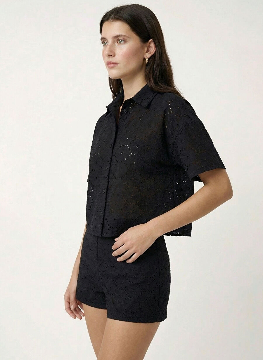 Fabrika Siyah Kadın Crop Güpür Gömlek F6SL-GML0336