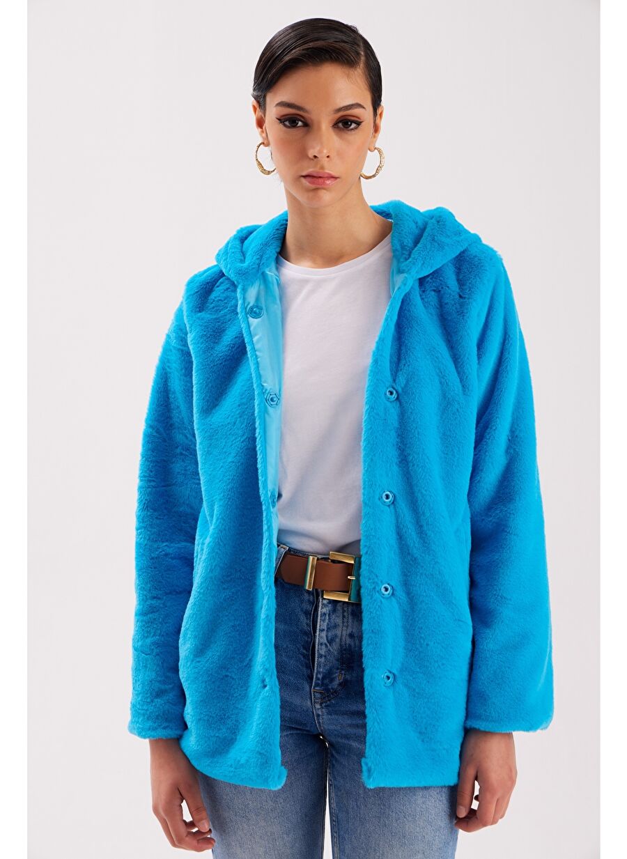 Astarlı Kapüşonlu Peluş Mont - MAVİ - 1