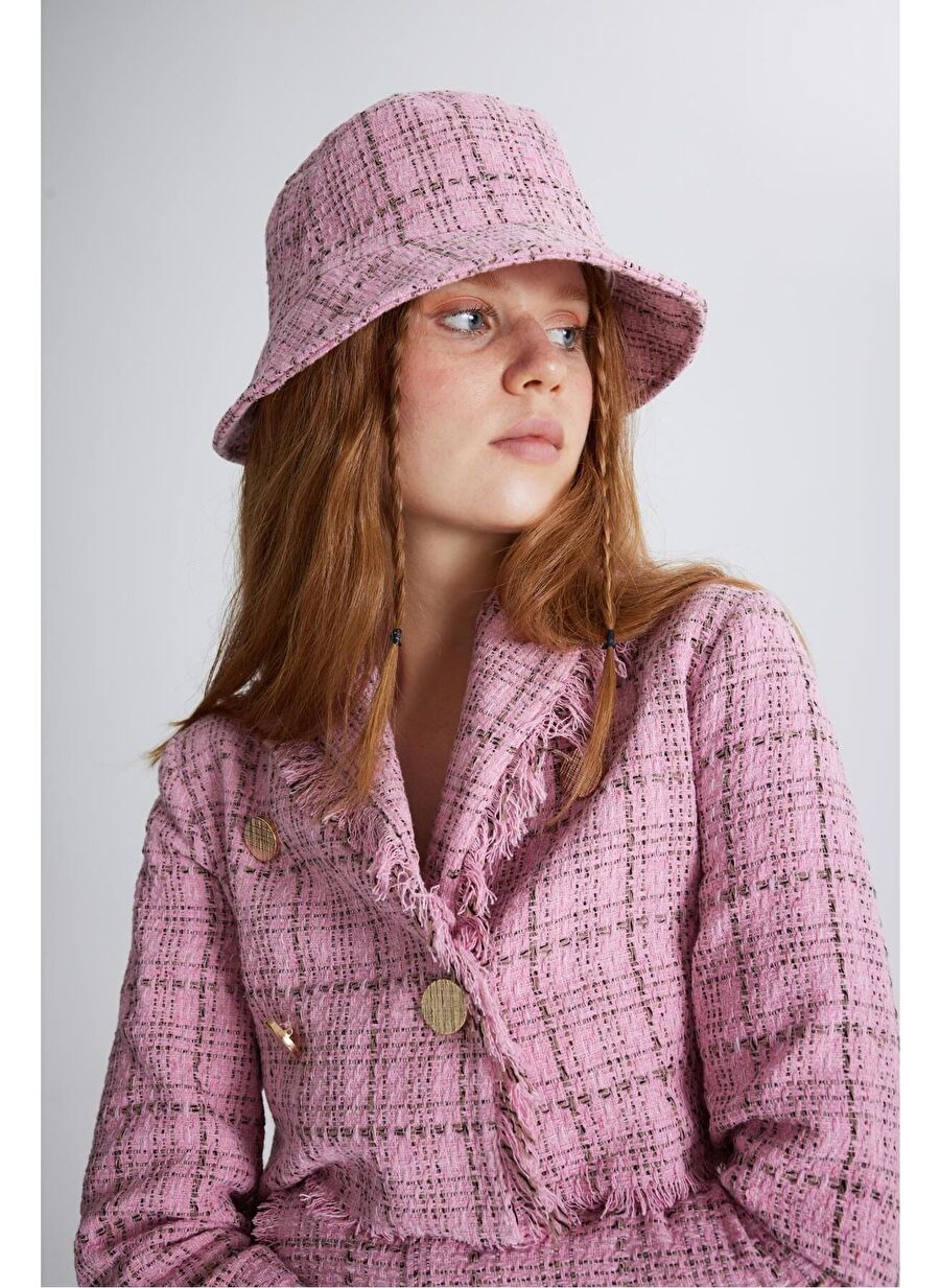 Tüvit Kumaş Logolu Bucket Tweed Şapka Pembe - 1