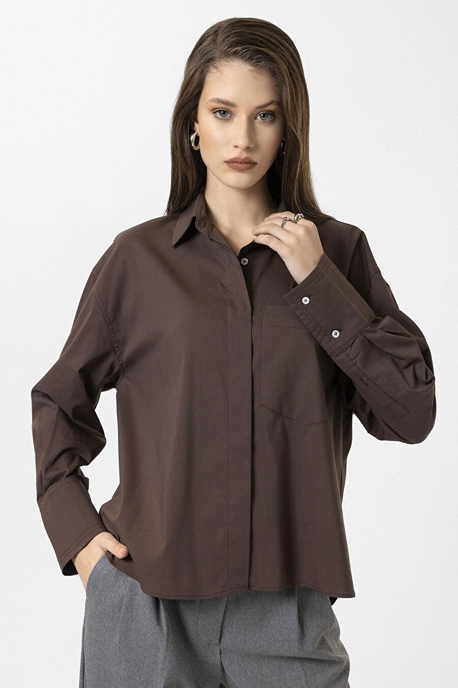Antioch Kahve Kadın Basic Oversize Gömlek - 1