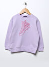 Limon Bisiklet Yaka Standart Kalıp Baskılı Lila Kız Çocuk Sweatshirt
