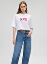 Mavi Bisiklet Yaka Beyaz Kadın T-Shirt M1612516-620-MAVI BASKILI TİŞÖRT